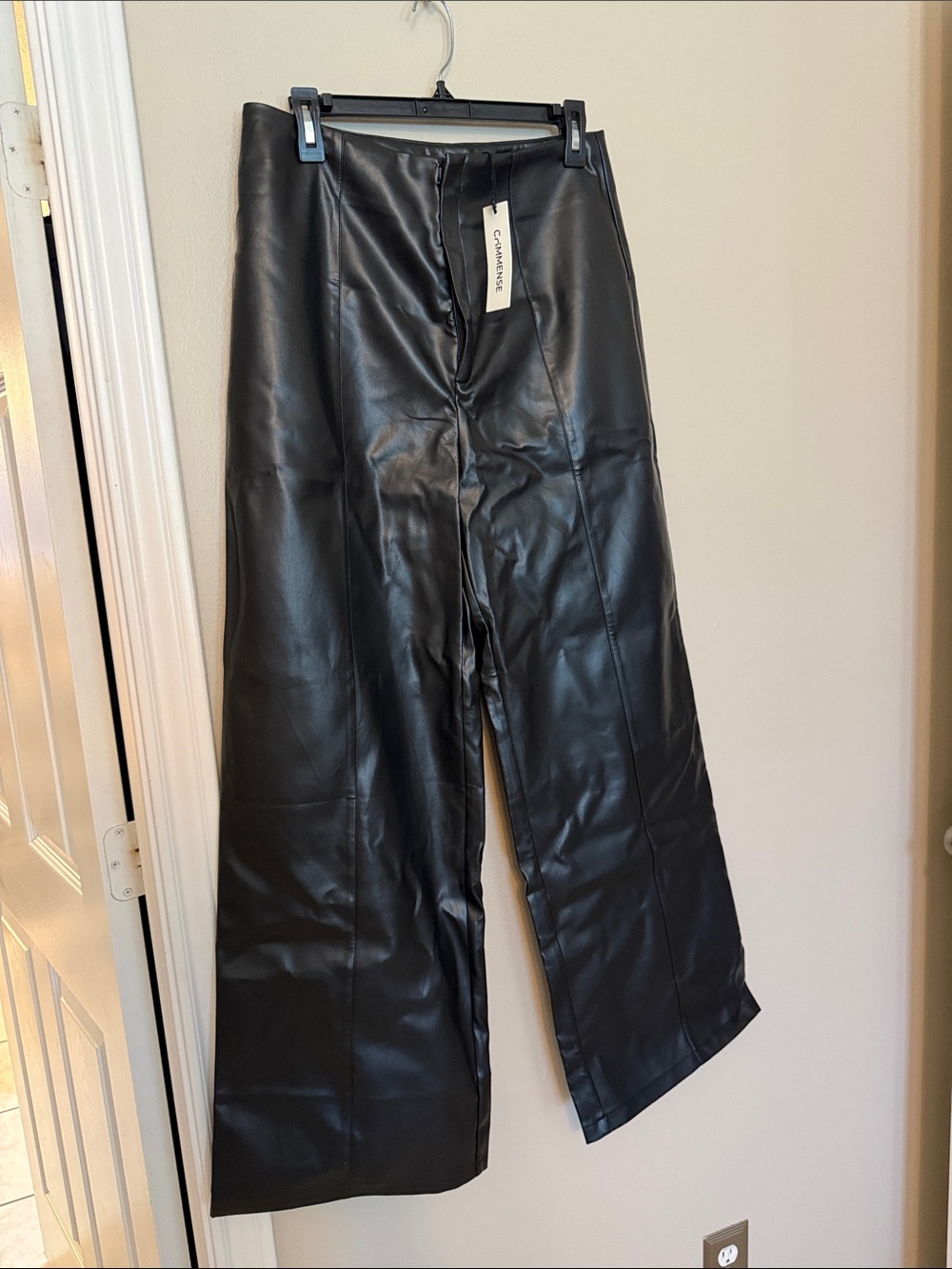 Commense Faux Leather Wide Leg Pants - Black